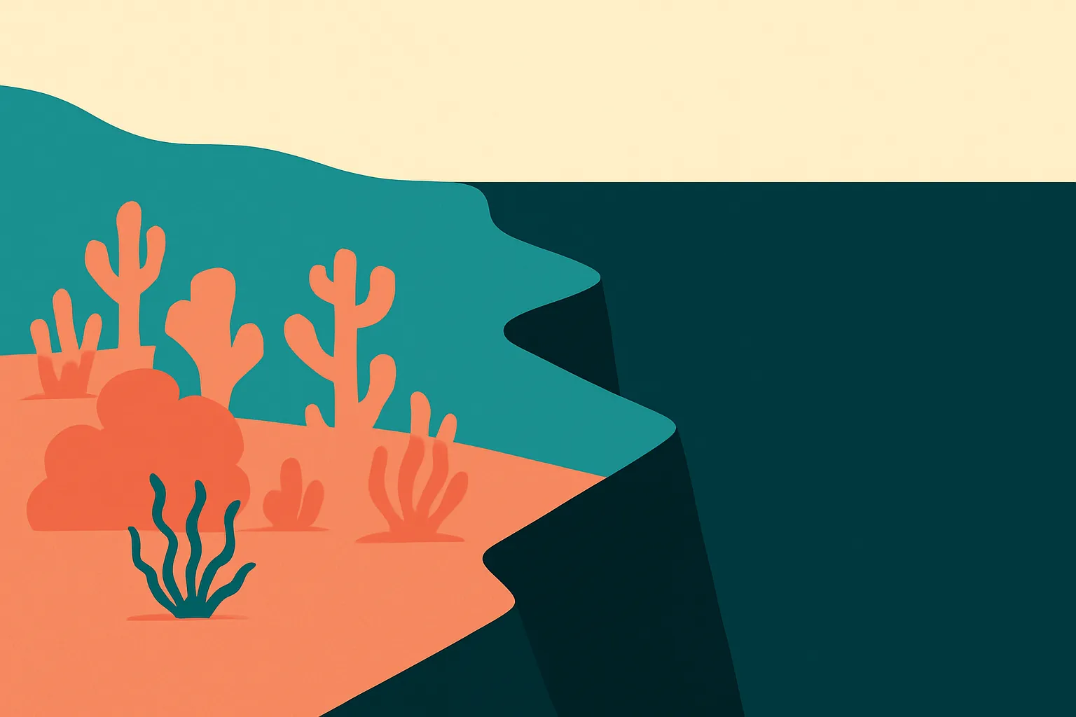 an ocean shelf fading from a dense bright reef into sparse dark open water, showing knowledge becoming thinner toward th