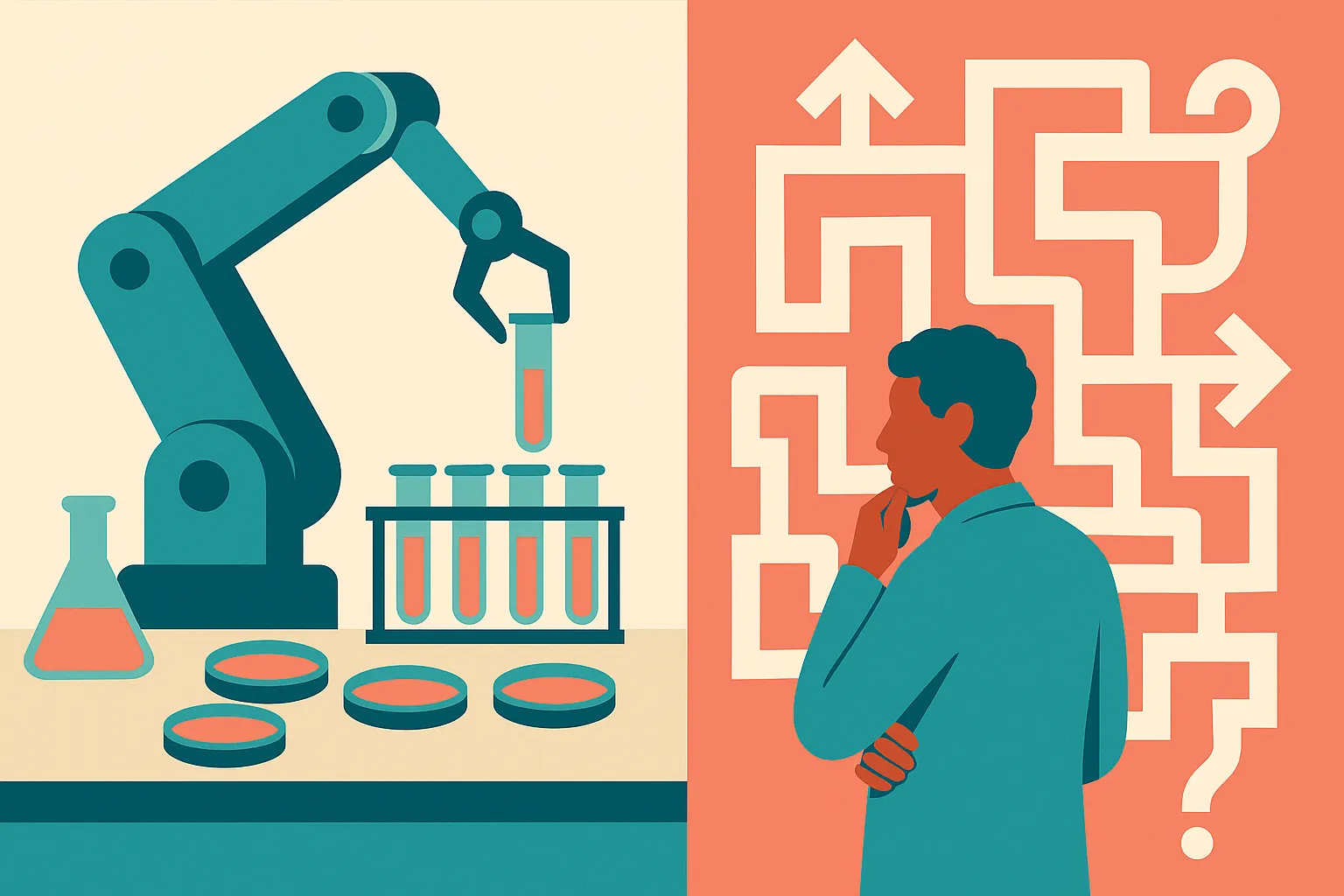 an autonomous lab bench robot efficiently assembling many experiment pieces while a human researcher stands beside a bra