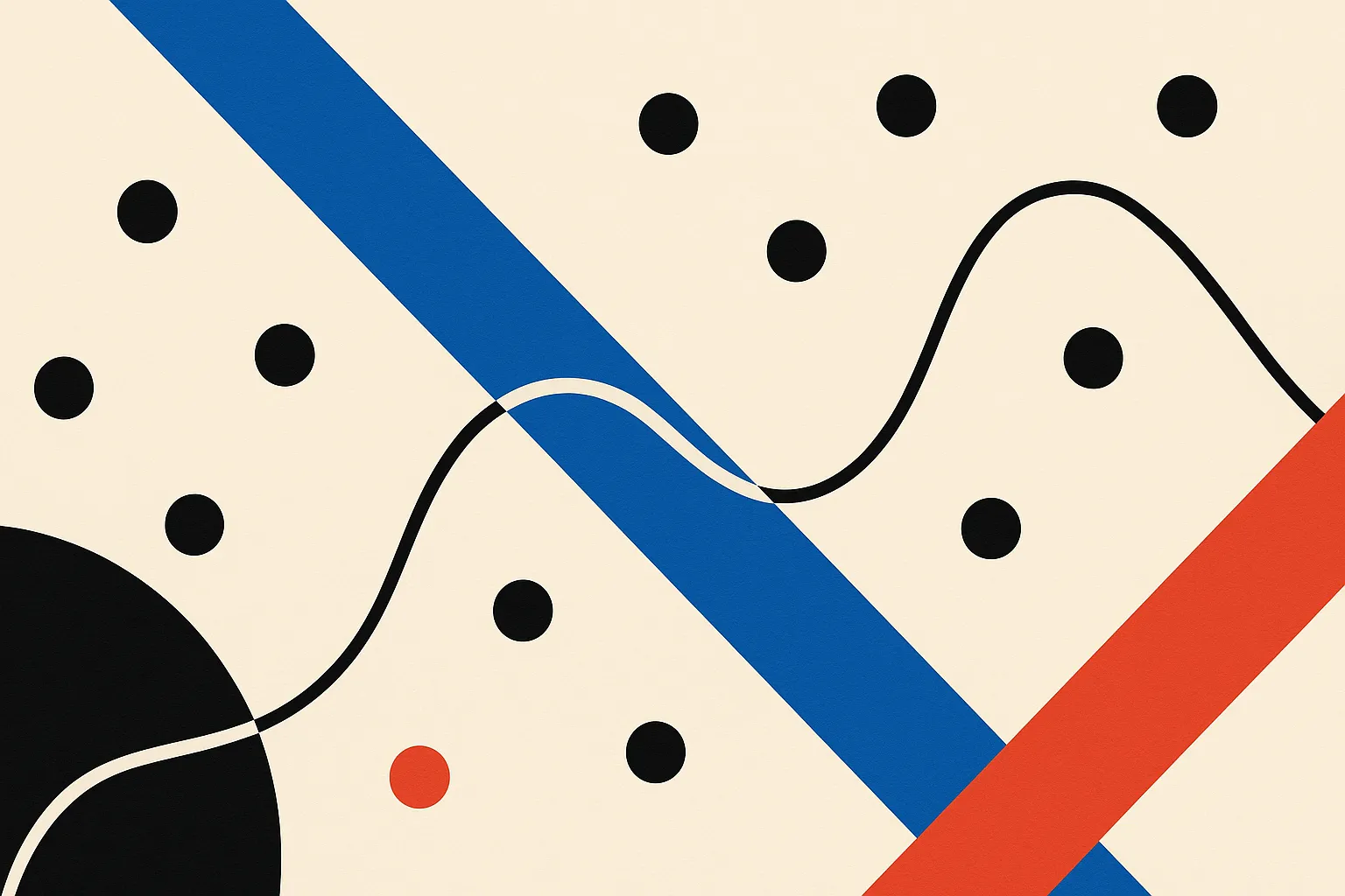 a smooth curving path through open space that ends by settling exactly onto one of many scattered fixed points, versus a