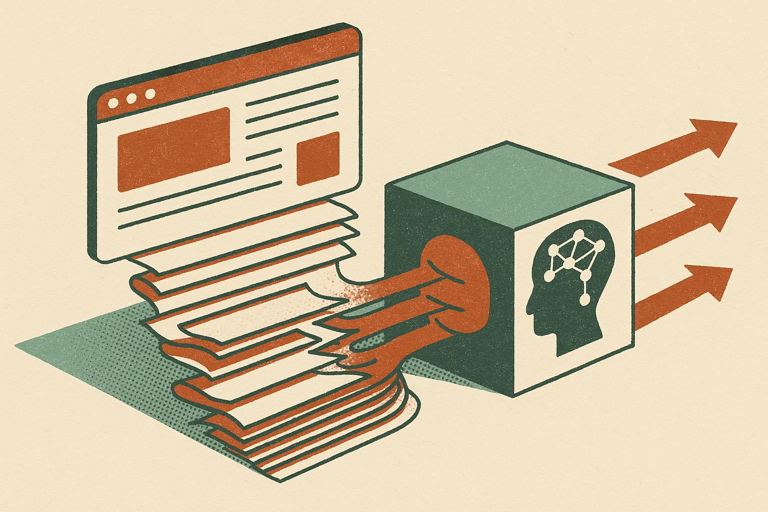 an old web page with visible content on the surface and hidden layers flowing into a model-shaped processing box, which 