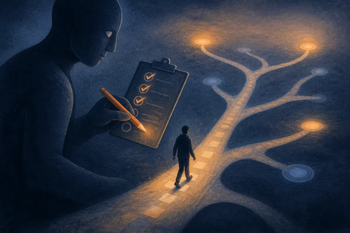 a large figure guiding a smaller figure through a branching path, scoring each step the smaller one takes