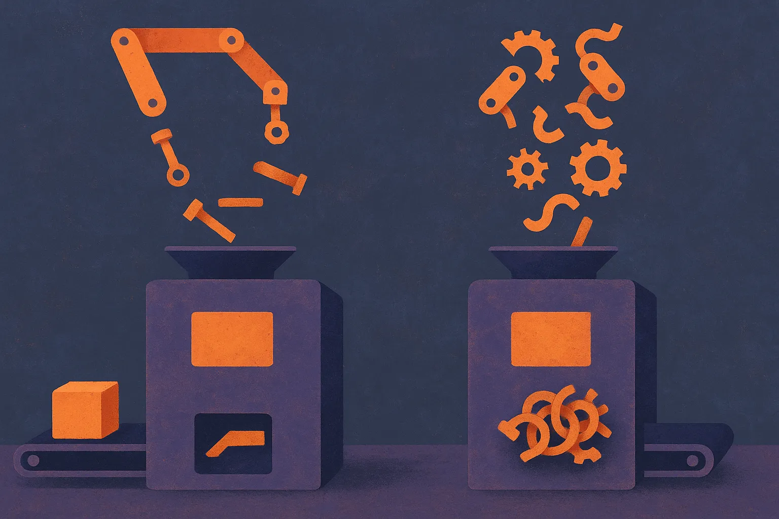 two identical machines fed by the same parts in different sequence, one producing a clean object and the other producing