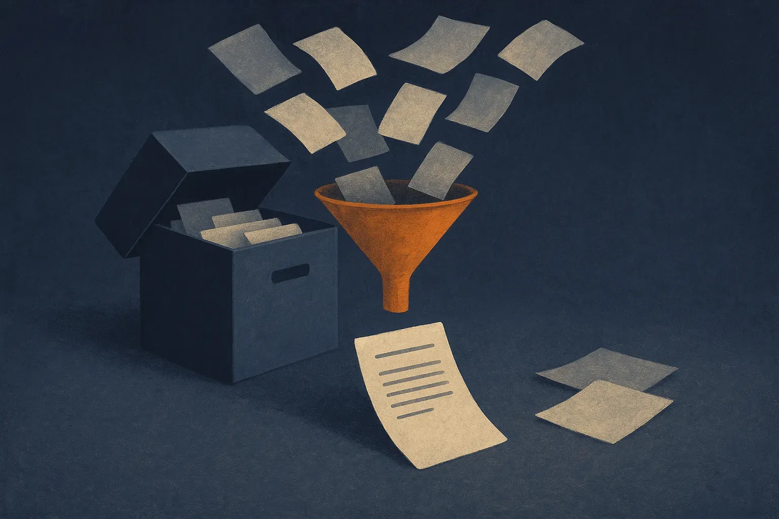 an archive box feeding scattered documents into a narrow funnel, with one clear summary sheet coming out while several a