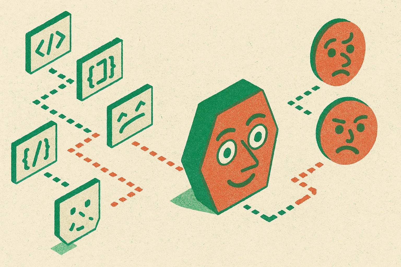 a sequence of geometric code fragments gradually forming a caricature face, with a few distorted failed faces branching