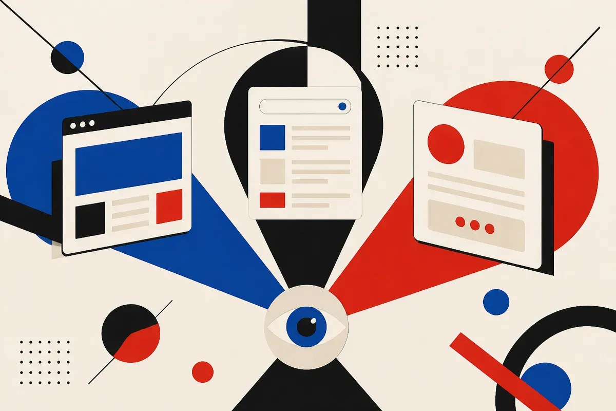 a brand website, a search page, and an AI answer surface competing for the user's first glance