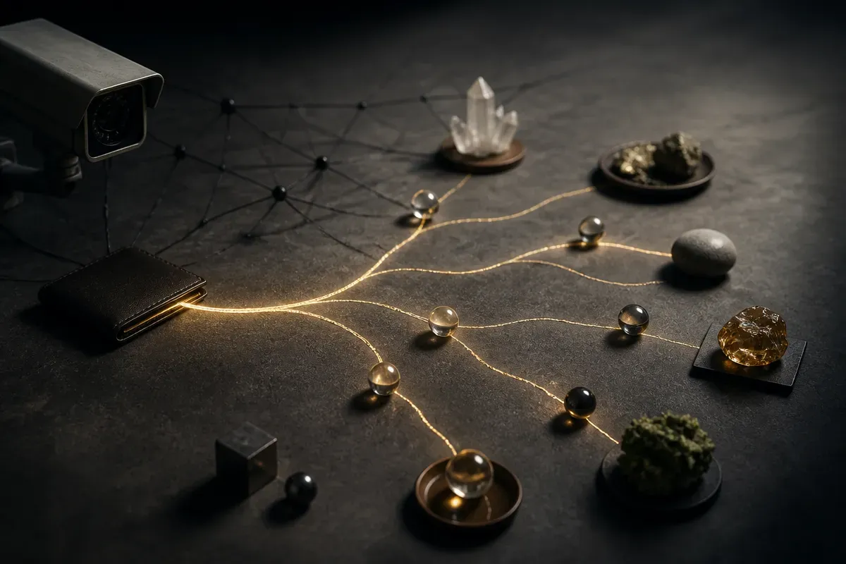 a public wallet path branching into many fresh paths while a surveillance shape struggles to connect them