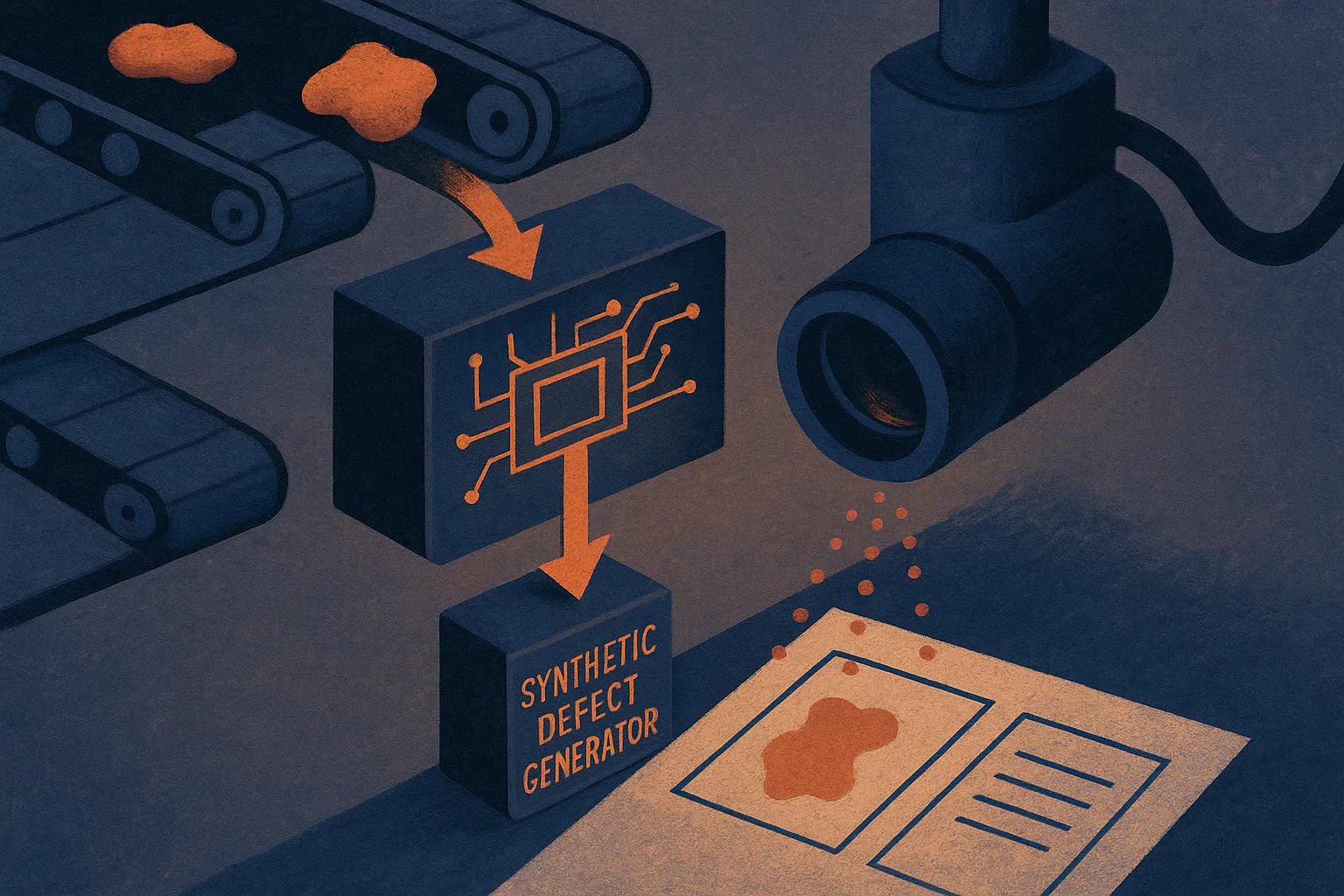 factory inspection pipeline showing rare real defects branching into a synthetic defect generator, then into a vision de