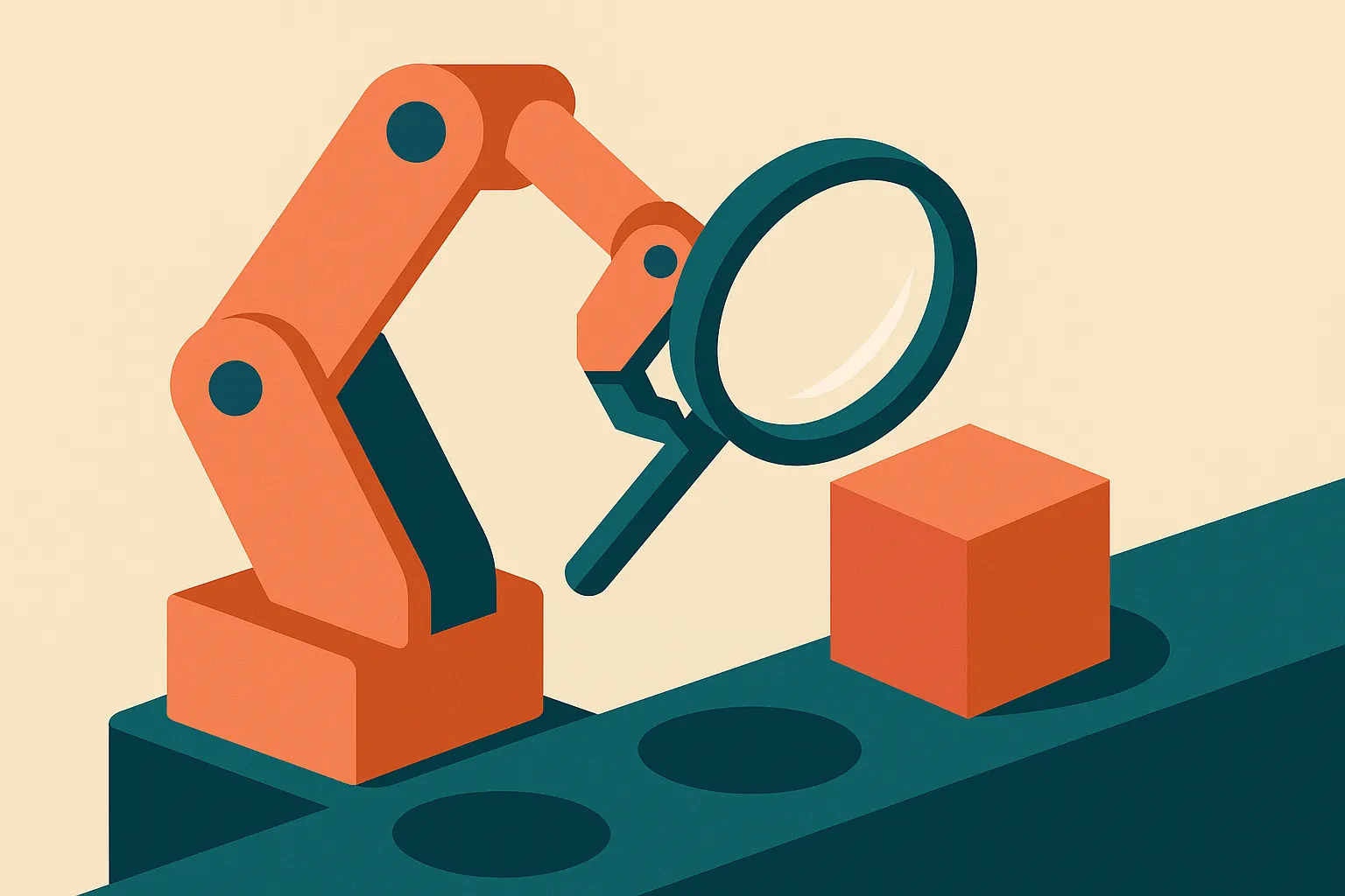 a machine assembling an object and then inspecting its own work under a magnifying glass, the same machine playing both 