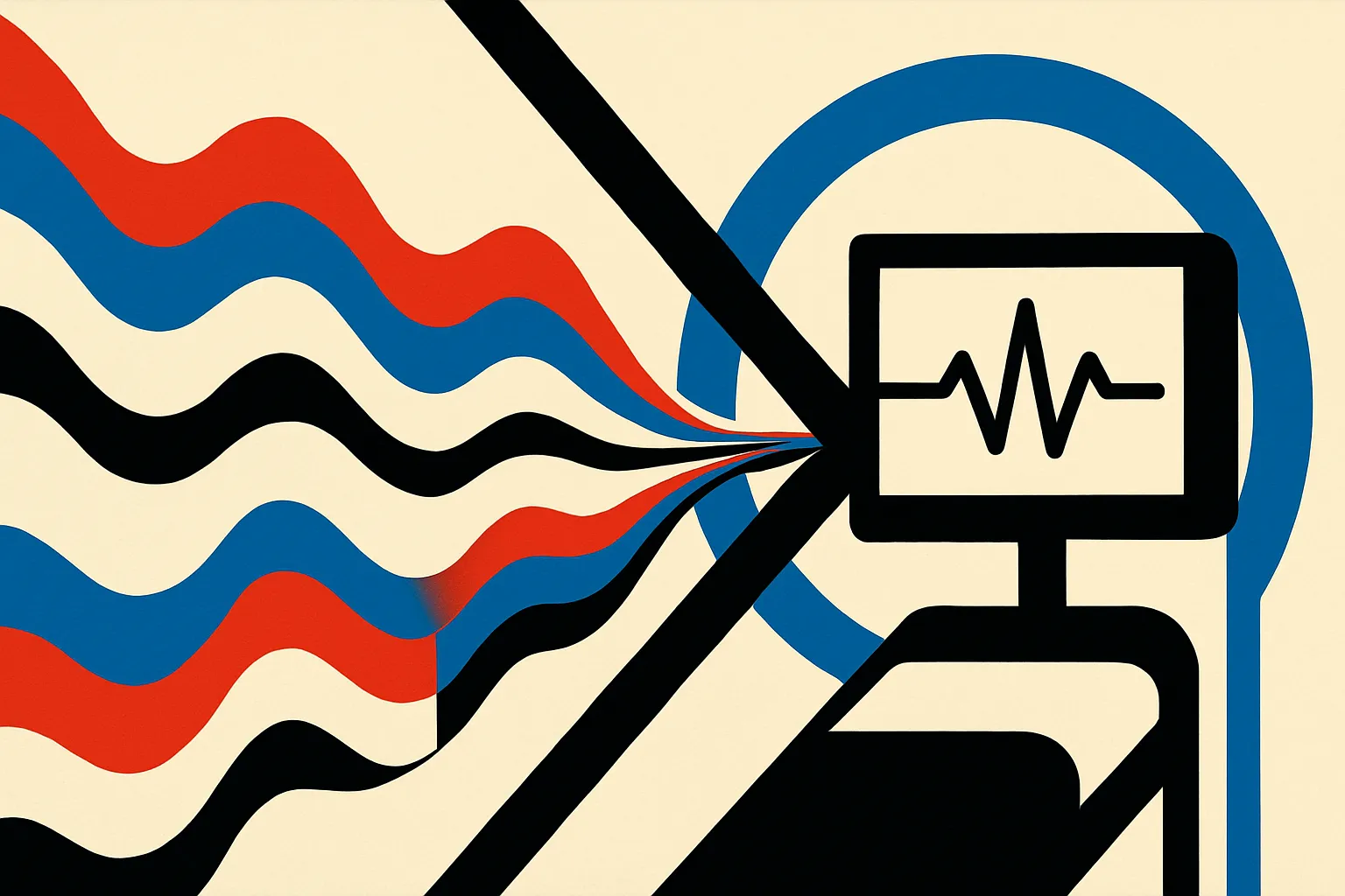 two patient timelines made of uneven colored waves converging toward a bedside monitor