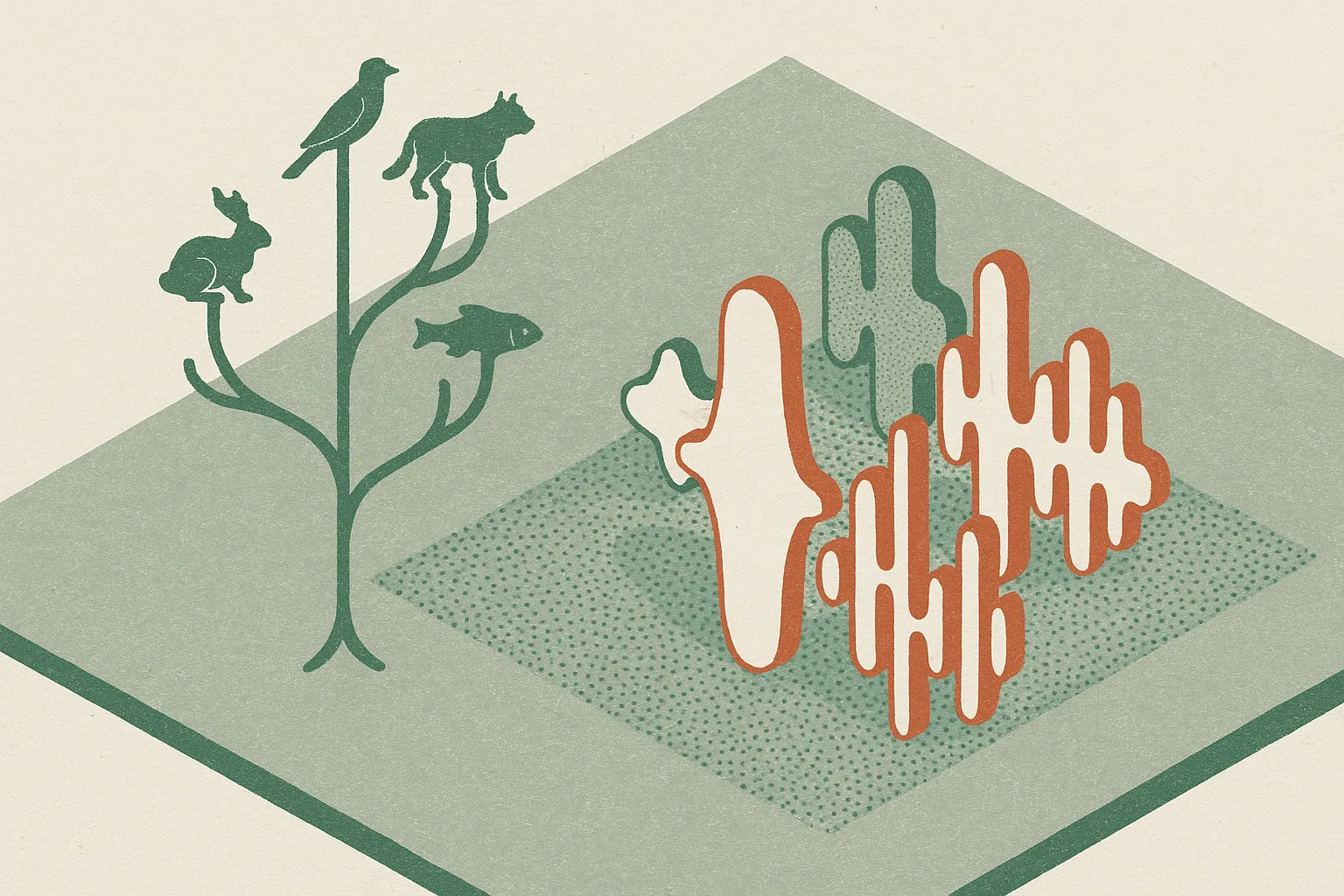 a branching animal tree mirrored by clustered sound wave shapes in an abstract embedding space