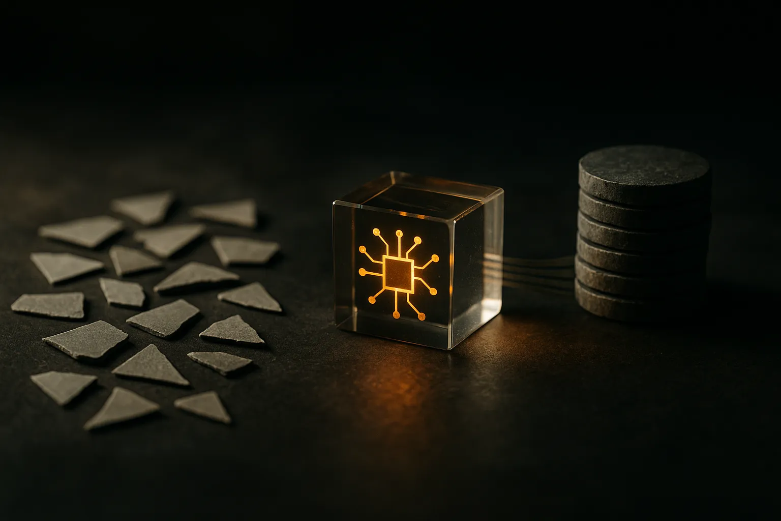 a small model core surrounded by scattered reasoning fragments on one side and a compressed organized memory stream feed