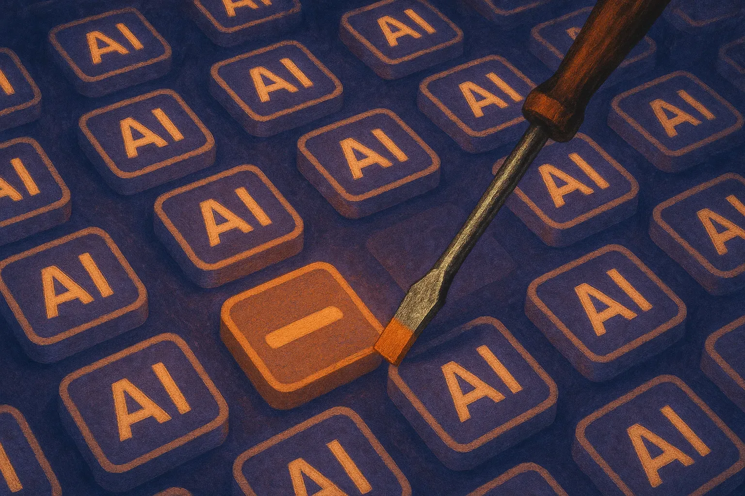 a crowded field of glowing identical product badges with one simple tool visibly completing a human task