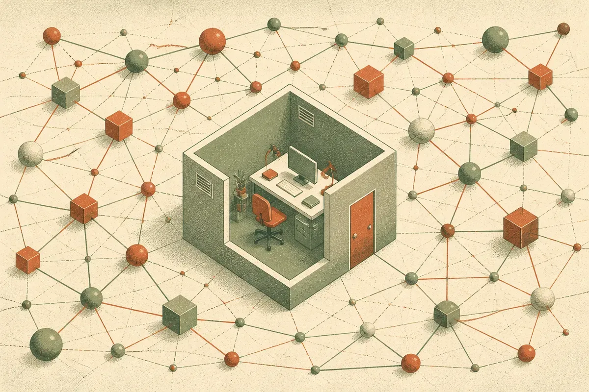 a sealed enclosed workspace separated from a sprawling connected network outside it