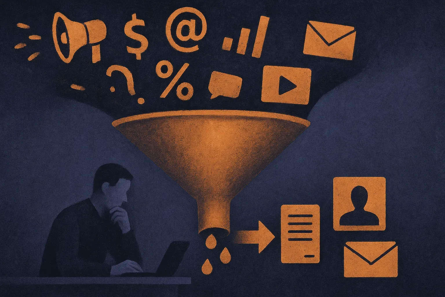 messy marketing tasks flowing through a filter into a smaller set of human review decisions and finished campaign assets