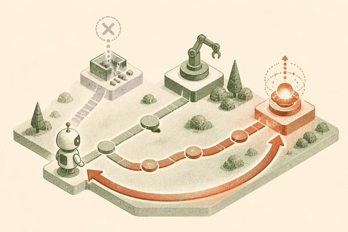 an agent choosing among several tool paths, with one path dimmed after failing and another path becoming brighter as fee