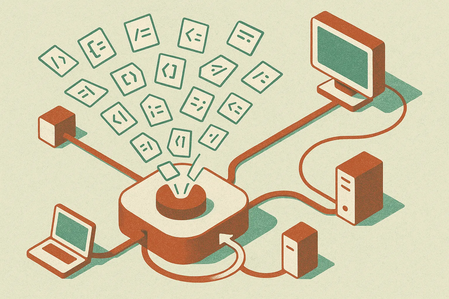 a central switching hub receiving many small differently shaped code fragments and sending them toward a few small nearb