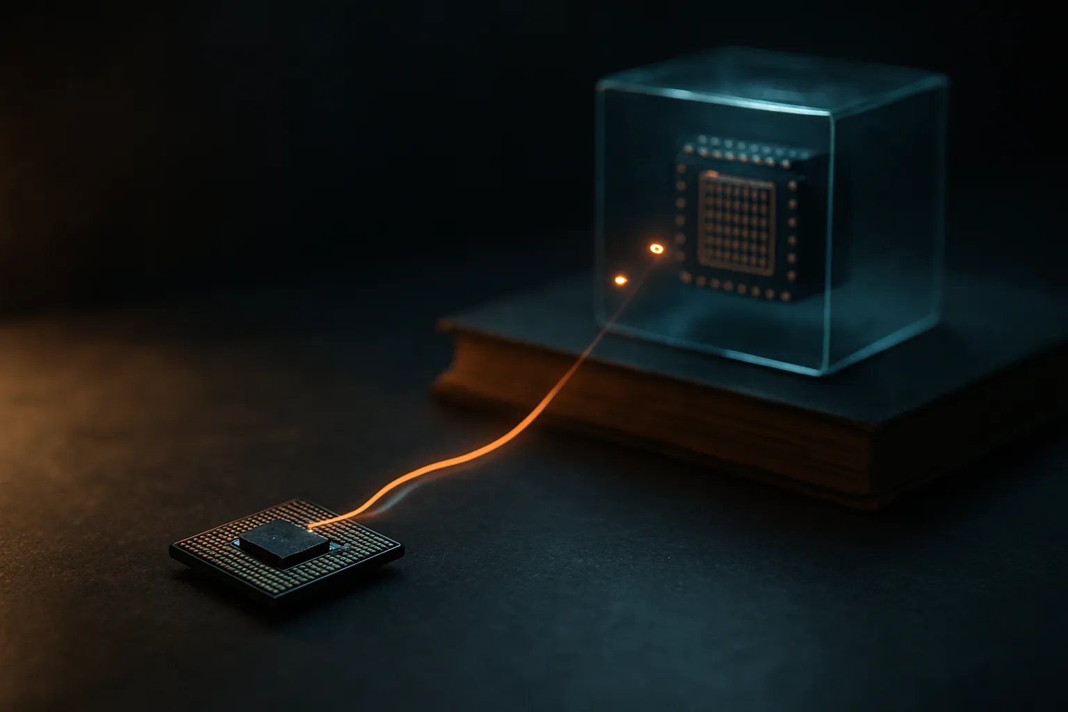 tiny chip handling a small stream locally while a larger distant system receives only selected signals