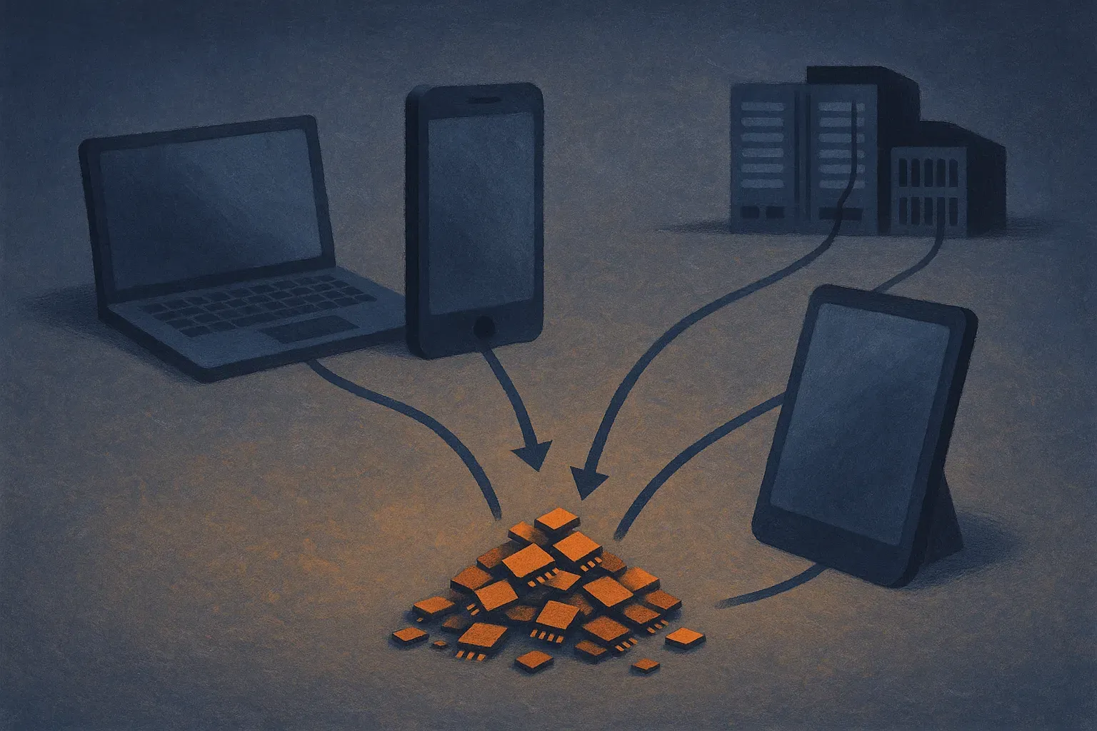three physical devices drawing from the same shrinking pile of small memory chips, with a distant data center also pulli