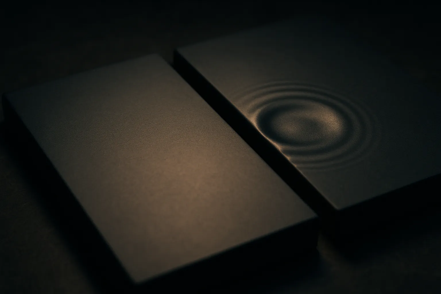 two nearly identical smooth surfaces side by side, one with a single faint ripple in one region while the rest matches p