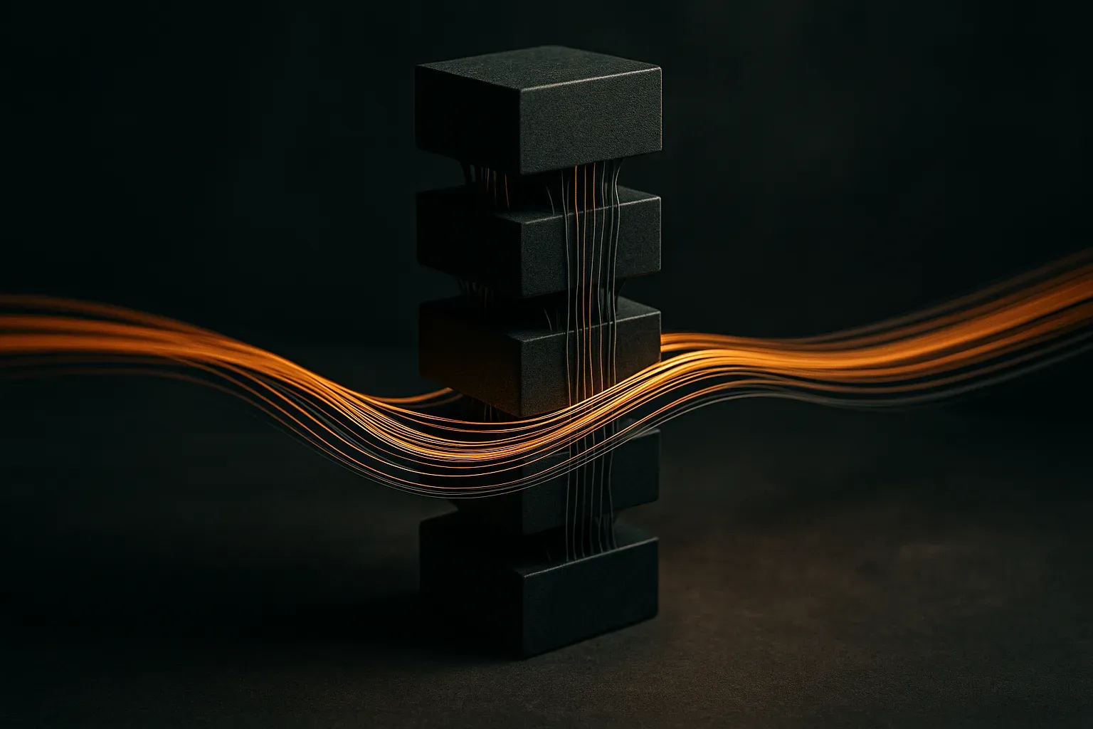 a tall stack of blocks with a bright bypass stream carrying many thin strands around each block while darker inner paths