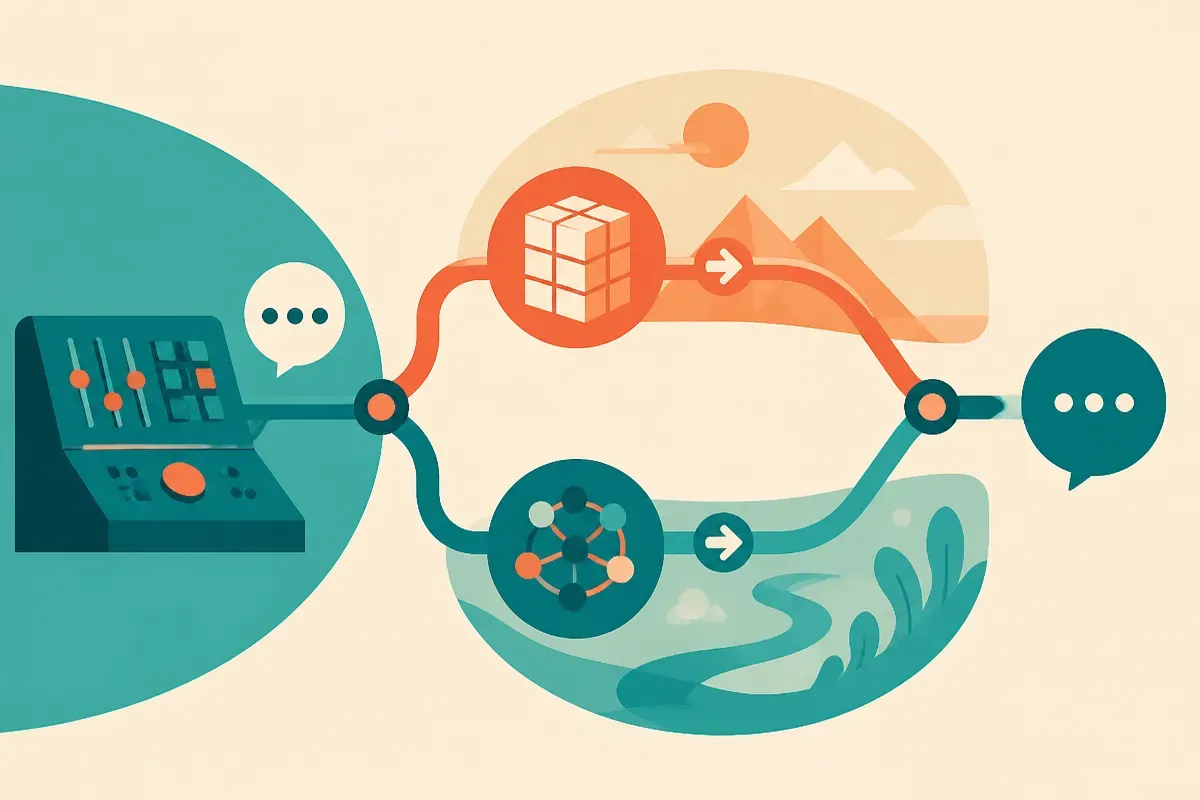 control panel feeding a conversation into two paths, one rigid and one adaptive, then merging into a single response