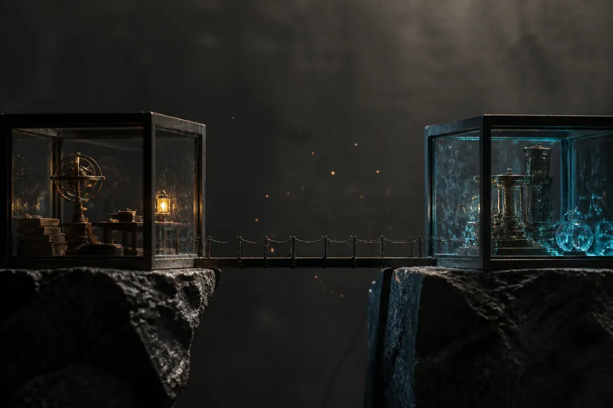 two sealed rooms connected by a narrow bridge, with a few sparks escaping into open space