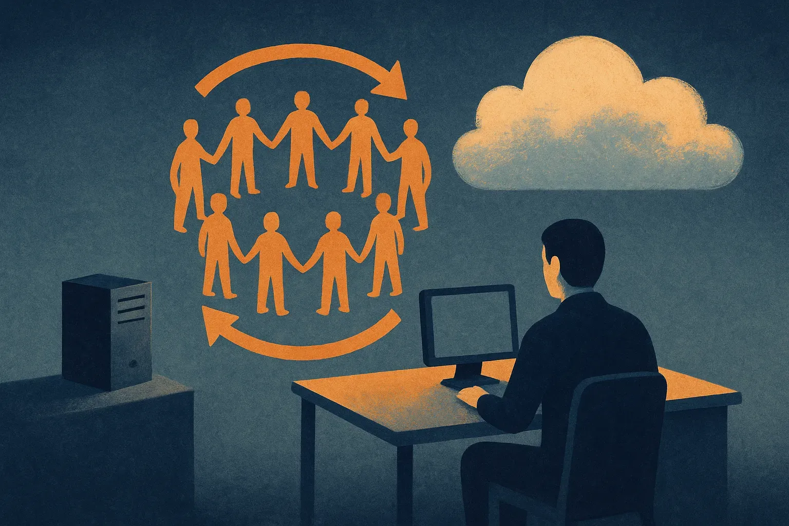 a person at a desk with a small local machine on one side, a distant cloud cluster on the other, and a group of people f