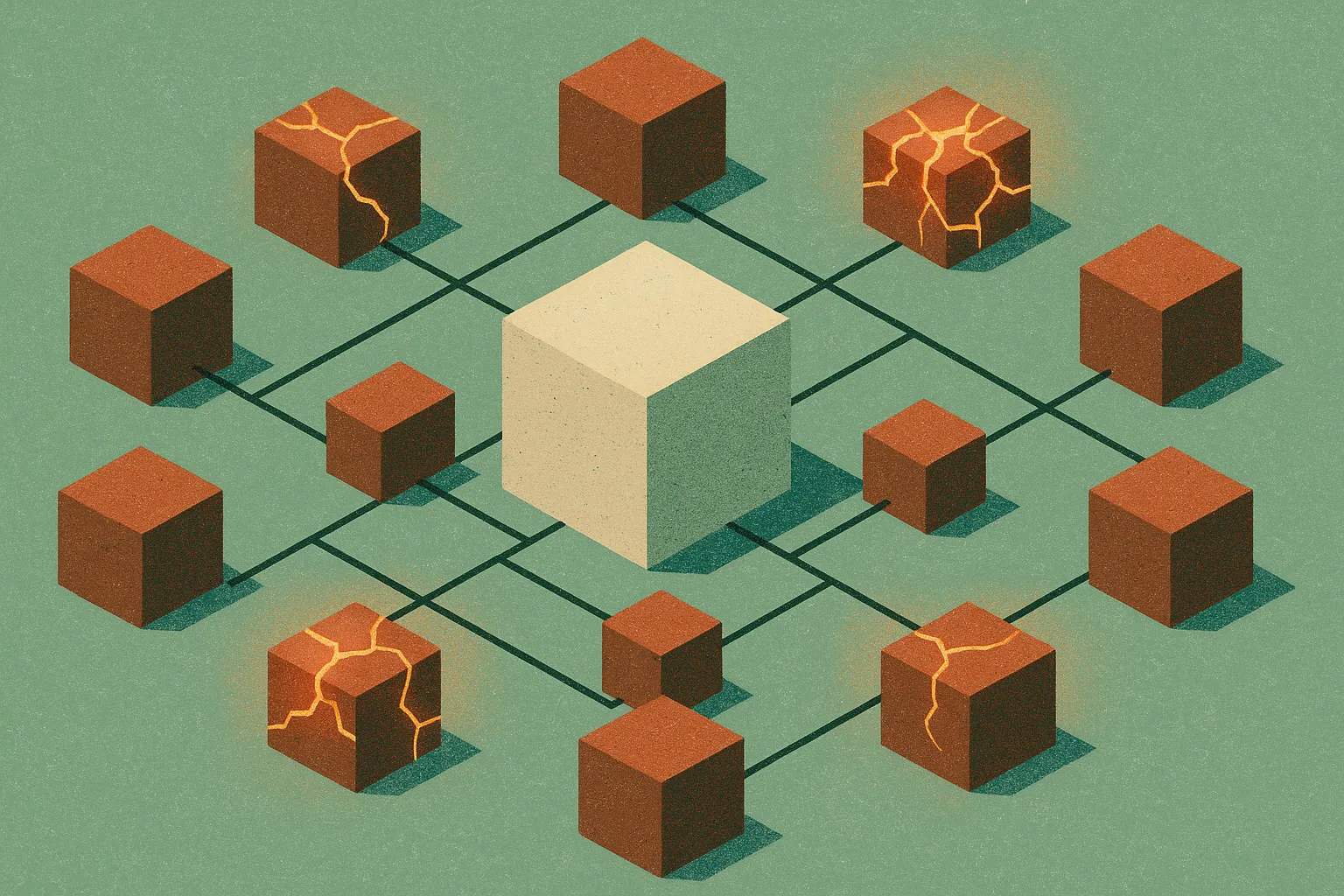a central serving box surrounded by many smaller connected blocks, several of the outer blocks glowing with cracks while