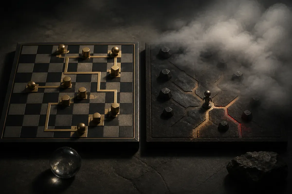 two game boards side by side, one fully visible and orderly, the other partly covered by fog with a small agent figure c