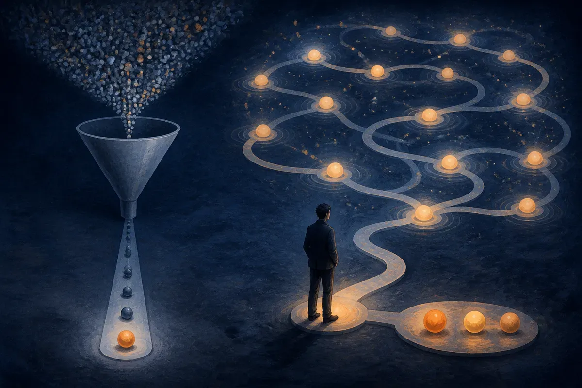 a straight narrowing funnel beside a looping path where a person consults many glowing nodes before reaching a small gro
