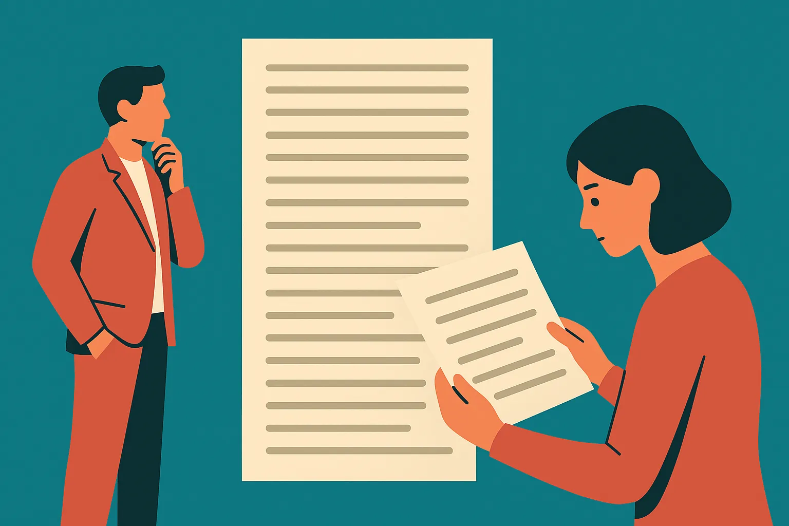 two evaluators looking at the same long document, one reading a single page closely while the other steps back to view a