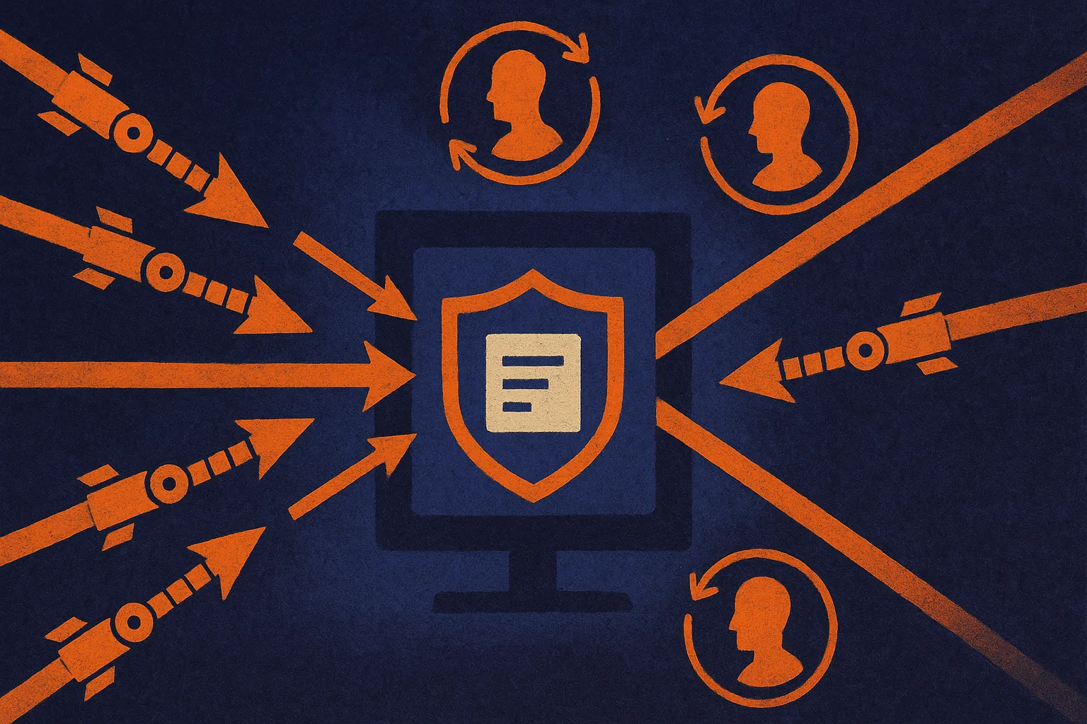 multiple small automated attack paths converging toward a guarded business system, with human review loops surrounding t