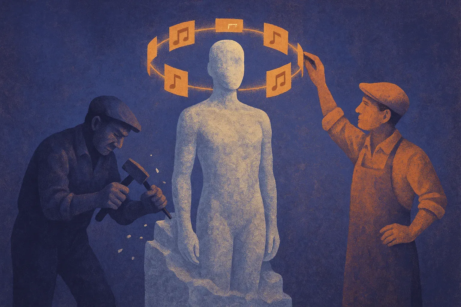 two sculptors shaping the same figure, one carving the stone body itself and one arranging a ring of floating notes arou