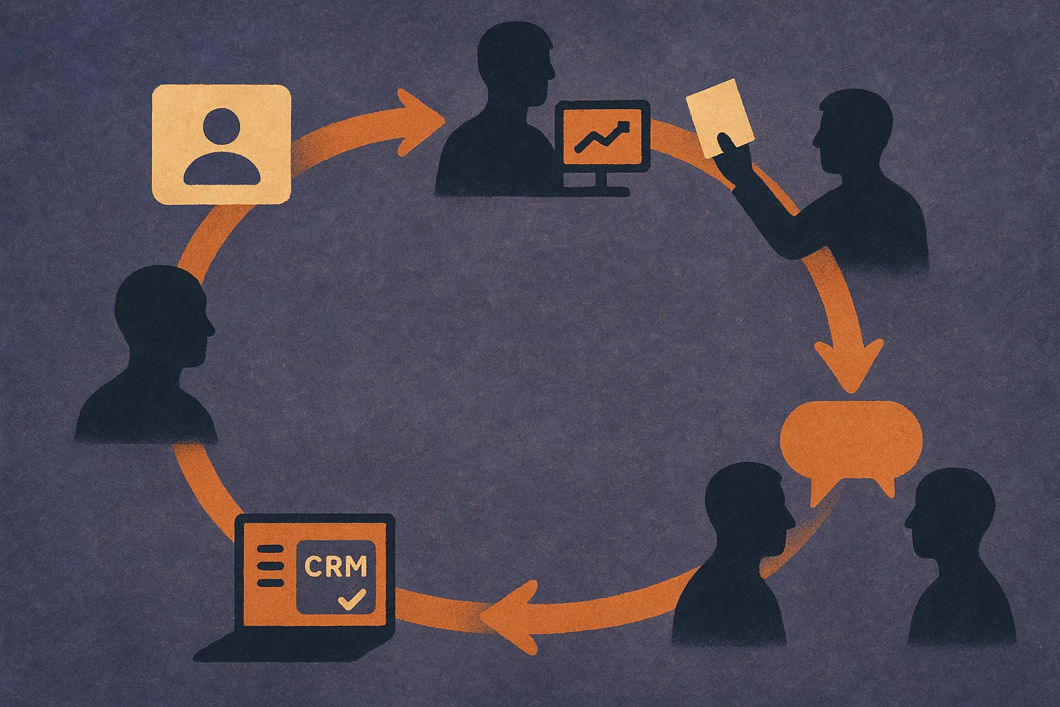 one continuous loop connecting account signal, seller action, customer conversation, CRM update, leadership report, and