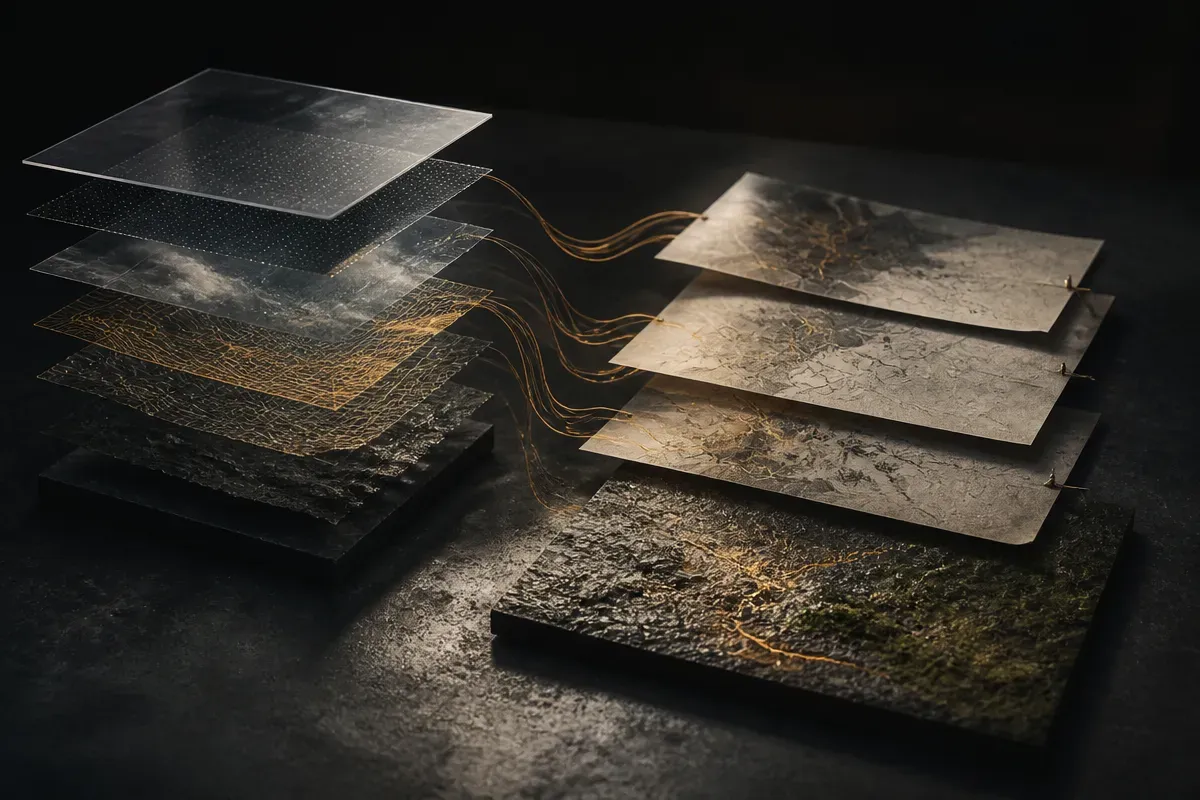 translucent stacked material layers flowing into editable map sheets and a final textured surface