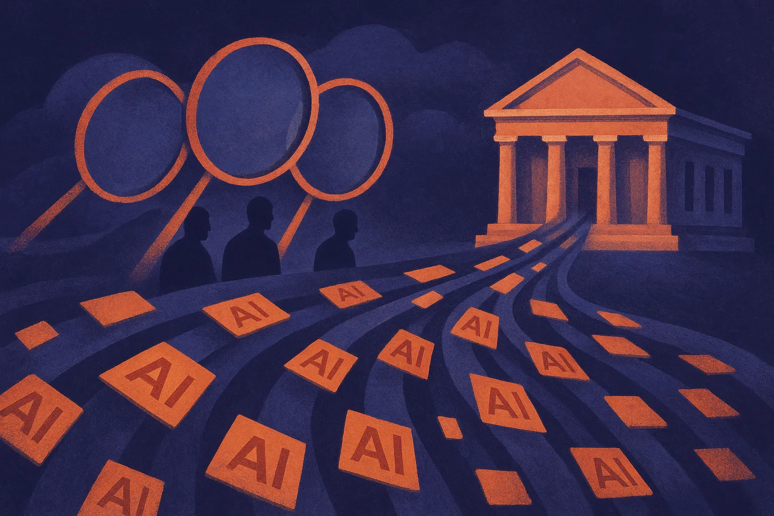 government building surrounded by inspection loops, with AI components flowing toward it and human reviewers positioned 