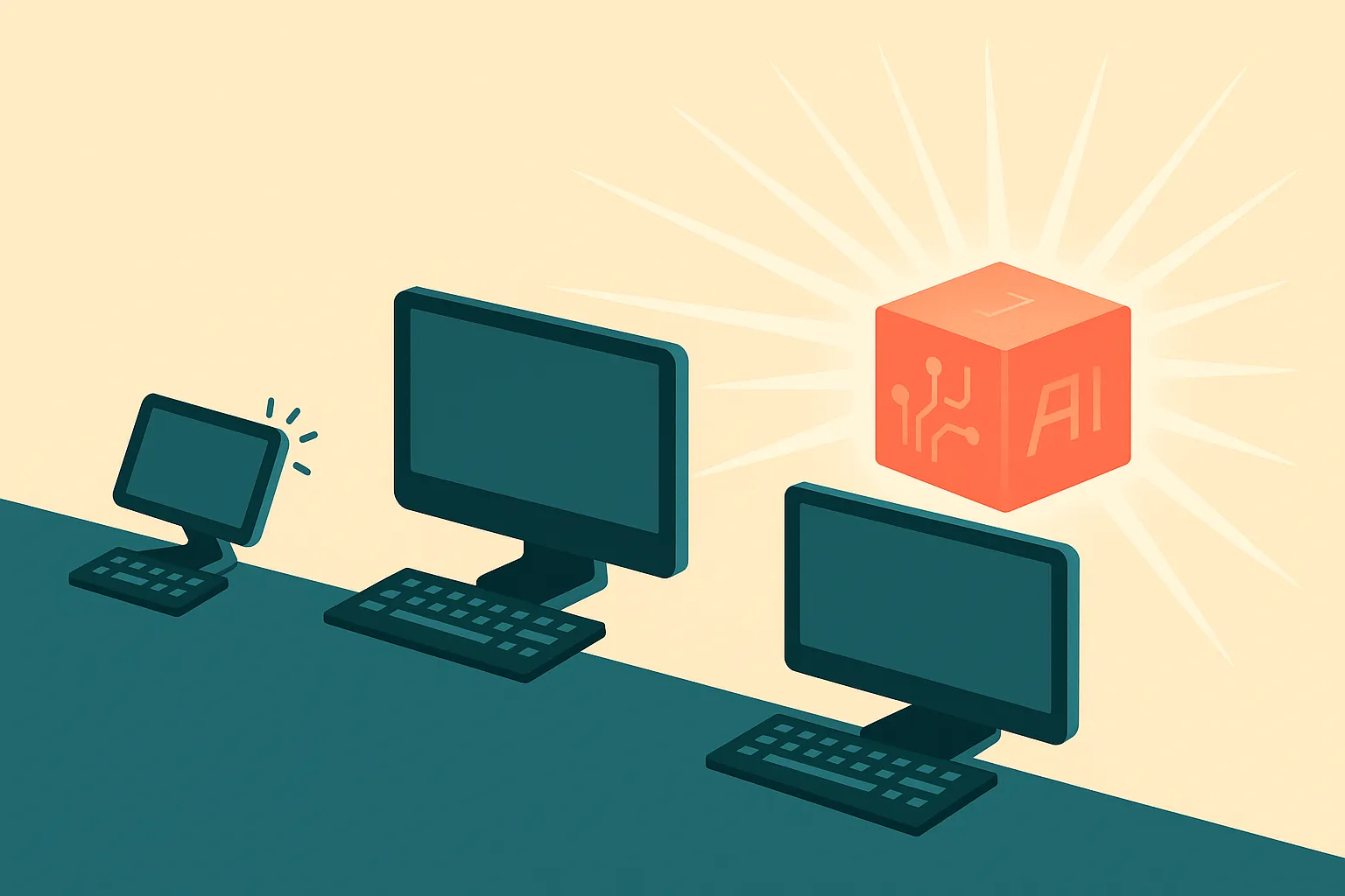 three physical workstations of different sizes facing one incoming glowing model block, with the smallest strained, the