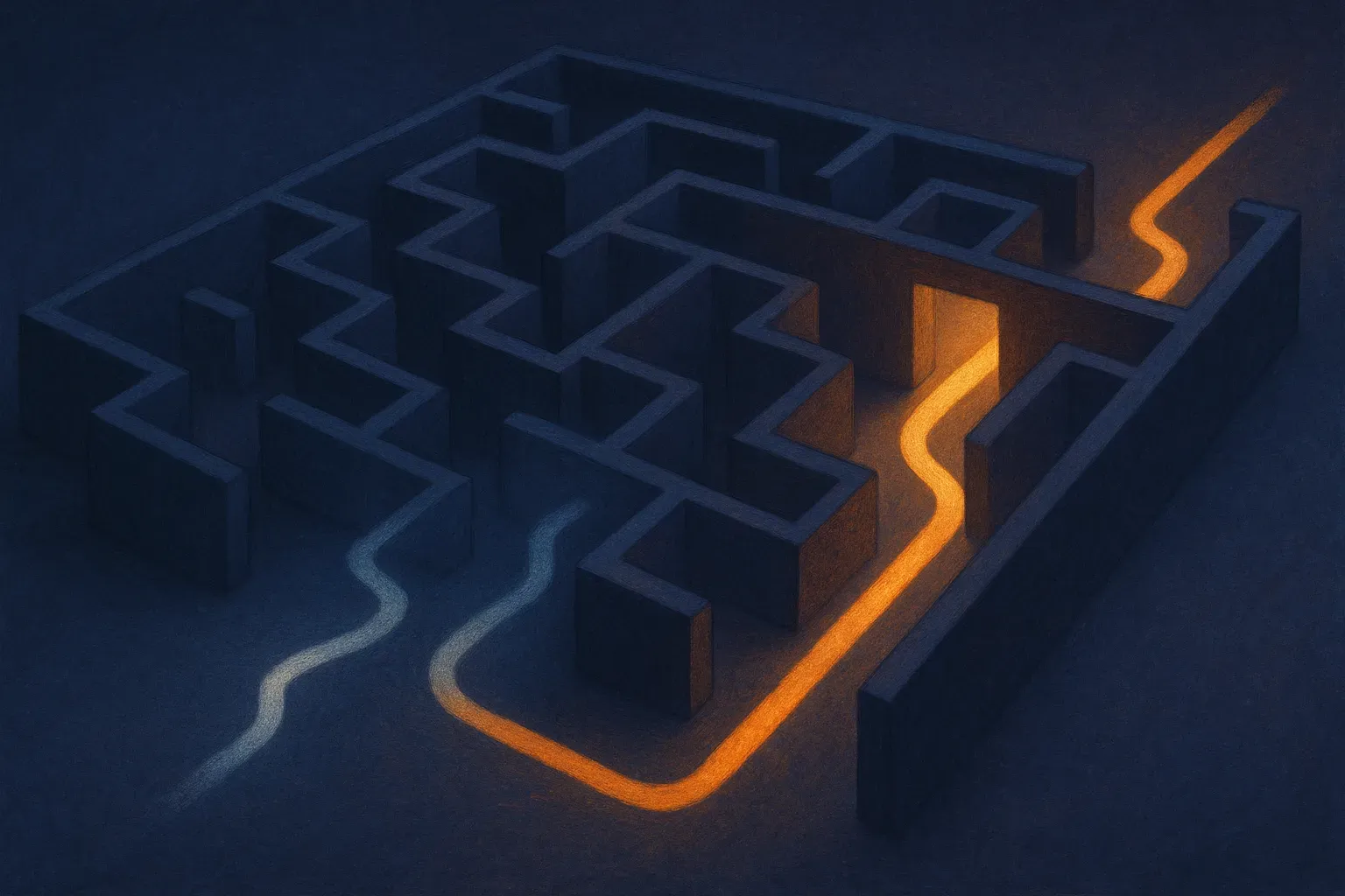 two training paths through the same sparse maze, one fading after several turns while the other grows brighter after pas