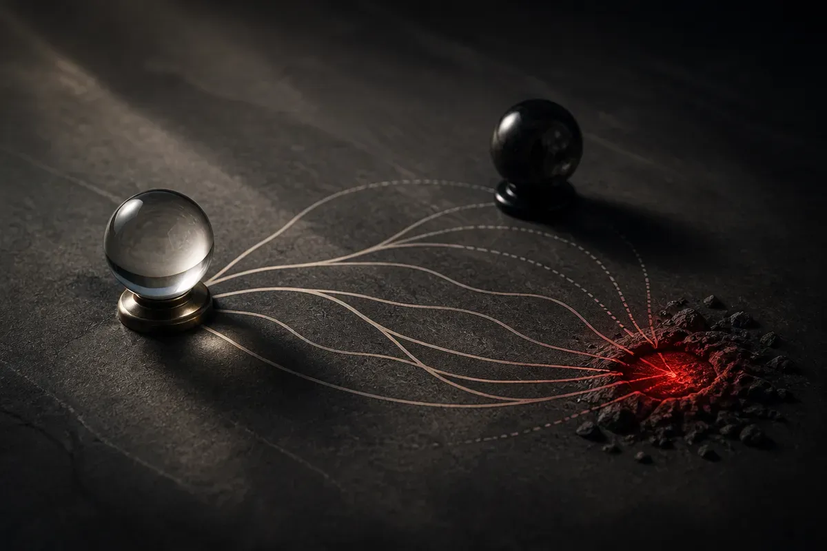 one model branching into many faint paths, with a nearby shadow model guiding more paths toward a small dangerous region