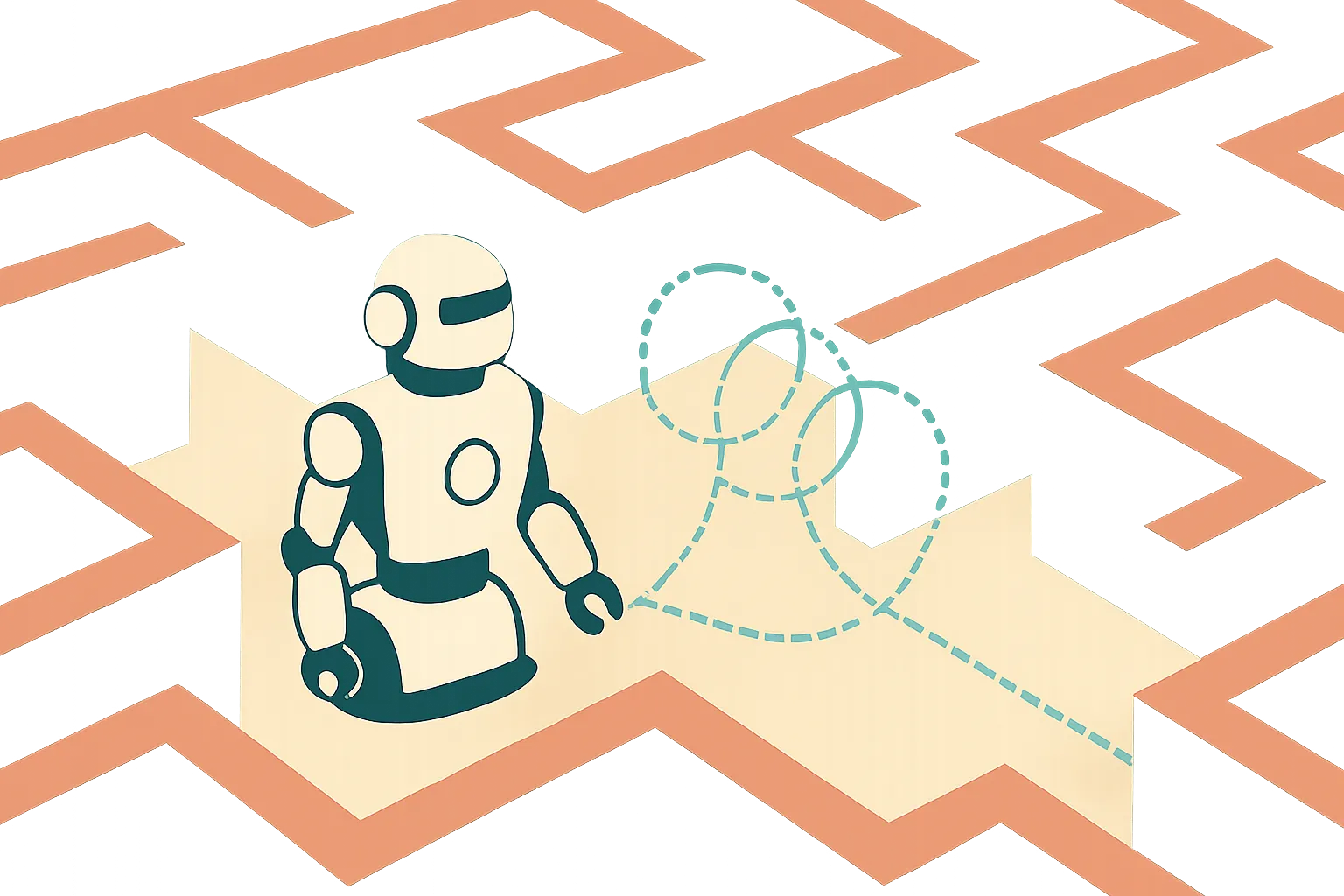 robot moving through a maze while a translucent imagined path is repeatedly corrected by small loops from real observati