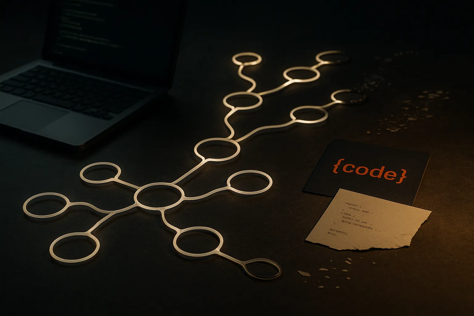 developer workstation connected to several branching agent loops, with some paths ending in clean shipped code and other