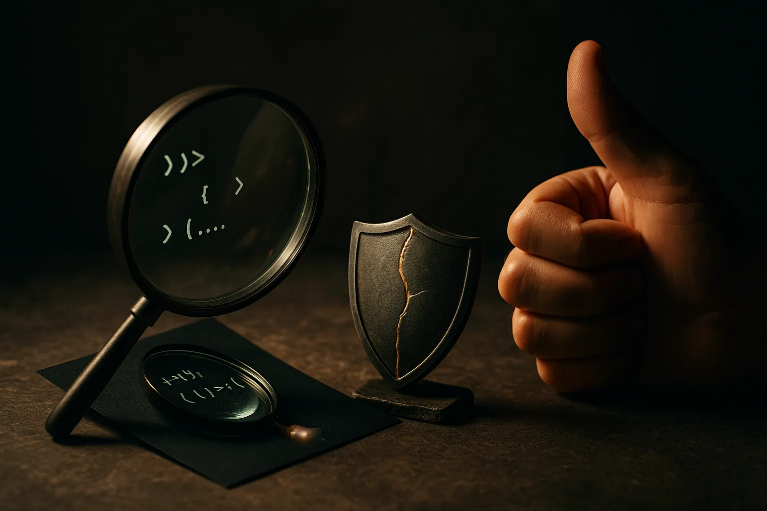 code fragments passing through a magnifying lens into a repaired shield, with a human hand approving the final piece
