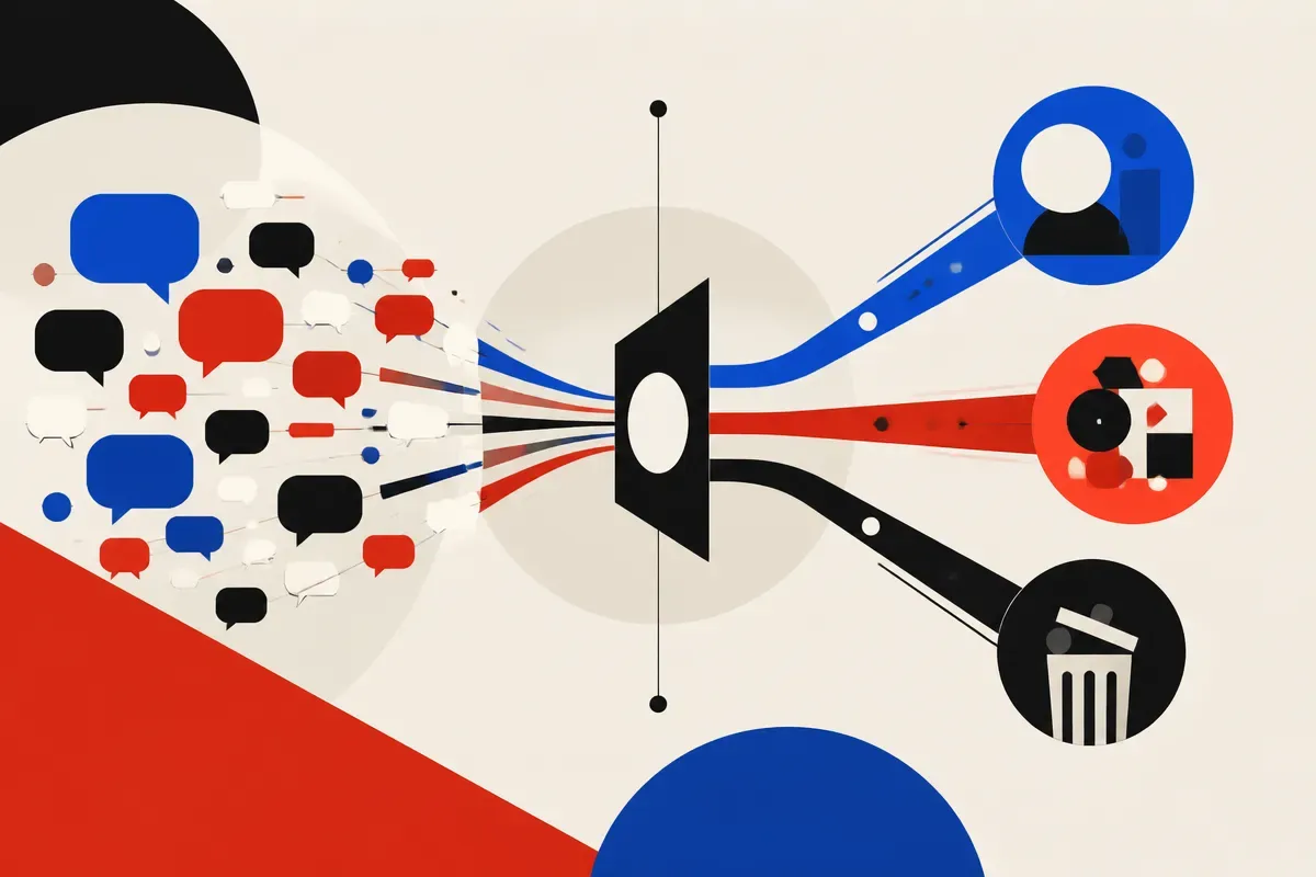 conversation bubbles flowing into a decision gate, then splitting toward helpful answer, ad auction, and discarded delay