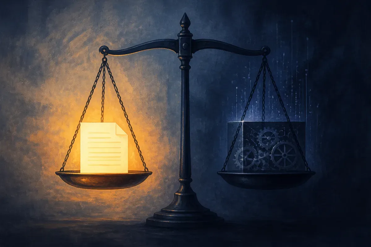 a judge's scale with one side holding a bright citation document and the other side holding a shadowy hidden mechanism u