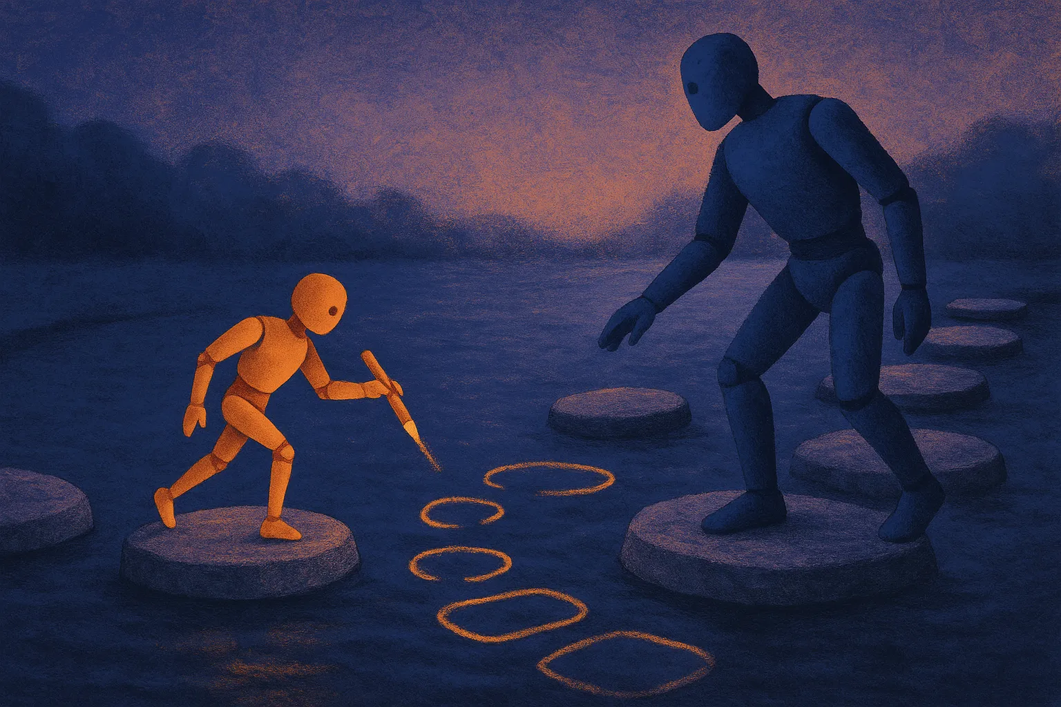 a small fast model sketching several stepping stones ahead while a larger model checks the path before both continue acr