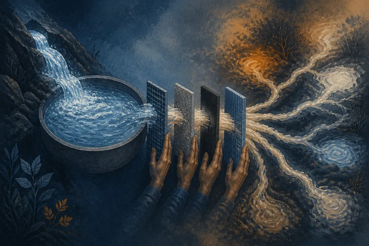 clear water flowing from one source into a basin, then splitting into many cloudy streams after passing through filters