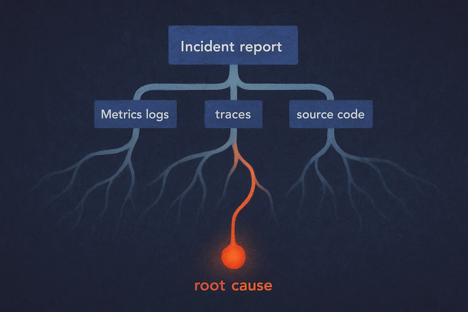 an incident report branching into metrics logs traces and source code, with several false trails fading out before one f