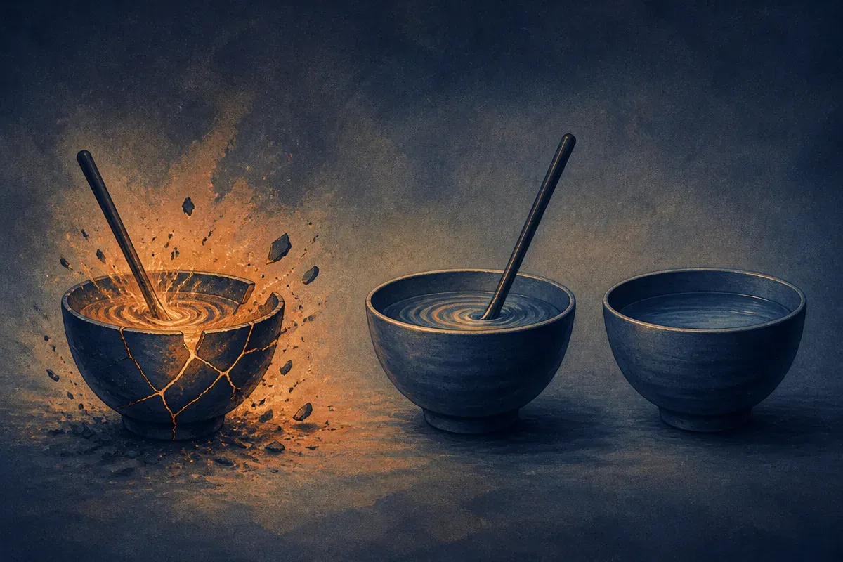 a single vessel being stirred and cracked at once, beside two separate vessels where one is stirred and the other stays 
