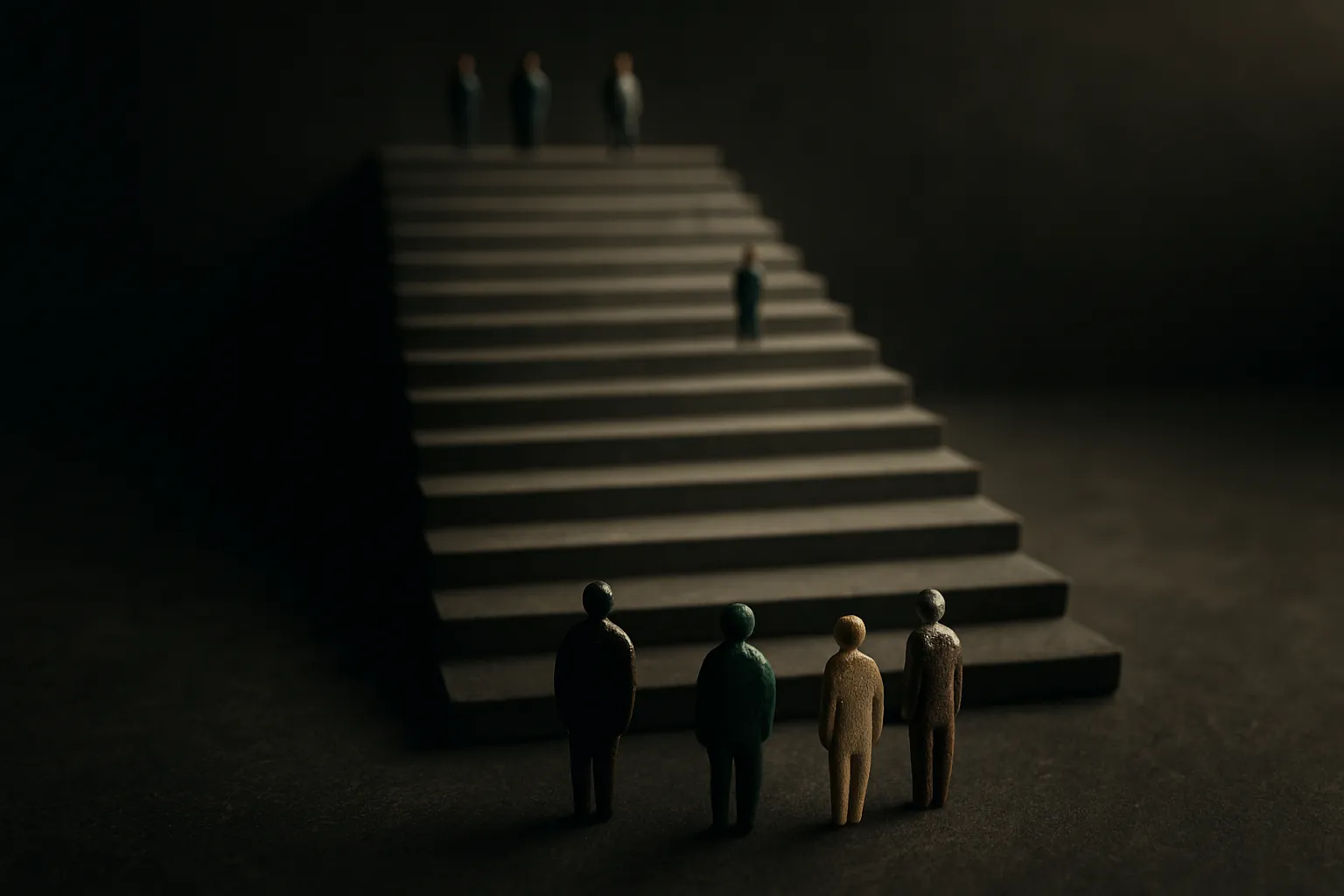 wide staircase with the lower steps fading out while people stand uncertainly at the bottom and a few figures remain nea