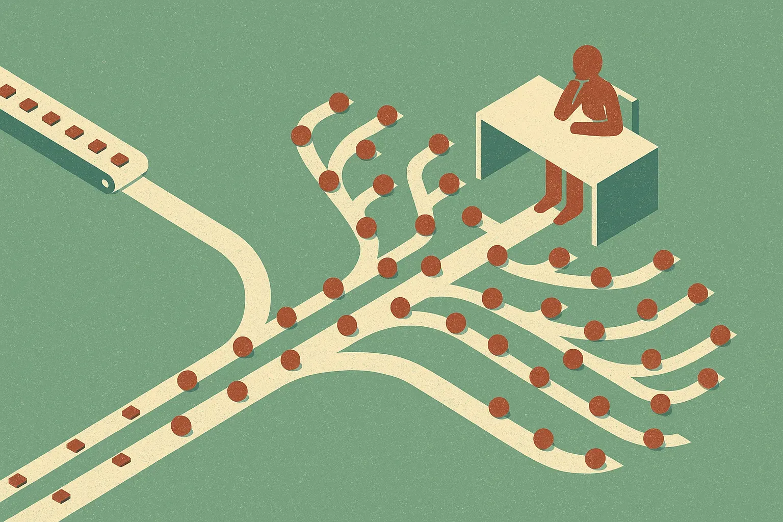 a narrow assembly line turning into a wider branching workspace with many small inputs flowing toward a human decision p